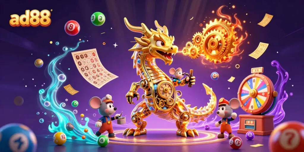 Experience the excitement of ad88 with a golden dragon and vibrant gaming elements in a colorful casino scene.