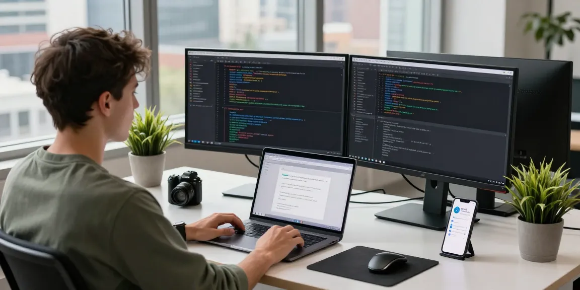 快连 software developer working on dual monitors in a modern tech workspace, showcasing coding and network optimization.