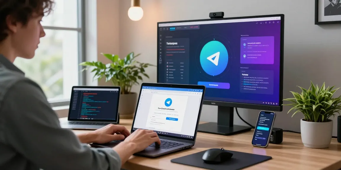 Telegram download setup with developer working on a laptop in a modern workspace.