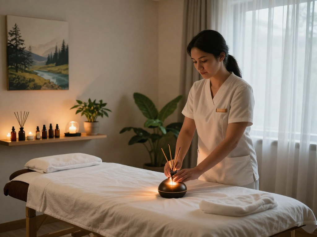 Experiencing 마포출장안마 in a serene massage room with calming ambiance and essential oils.