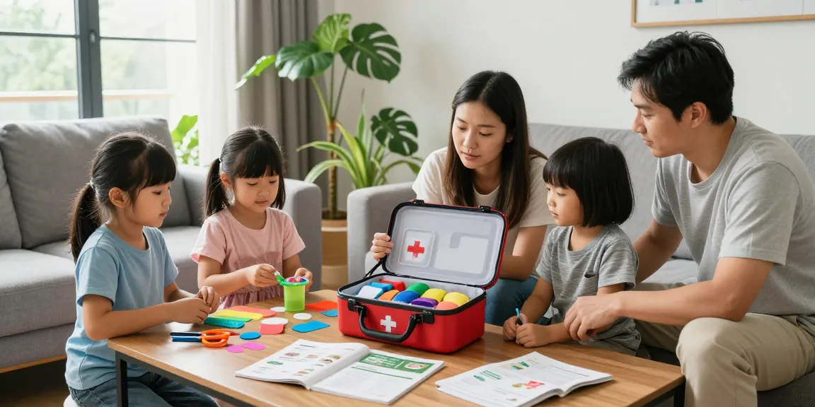 Family discussing safety measures with a first aid box on the table, creating a caring home atmosphere.