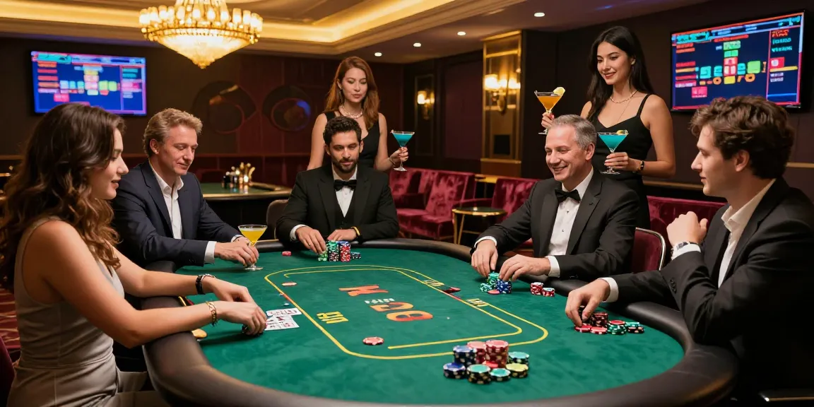 Exciting iwin casino scene with diverse players enjoying poker and luxury atmosphere.
