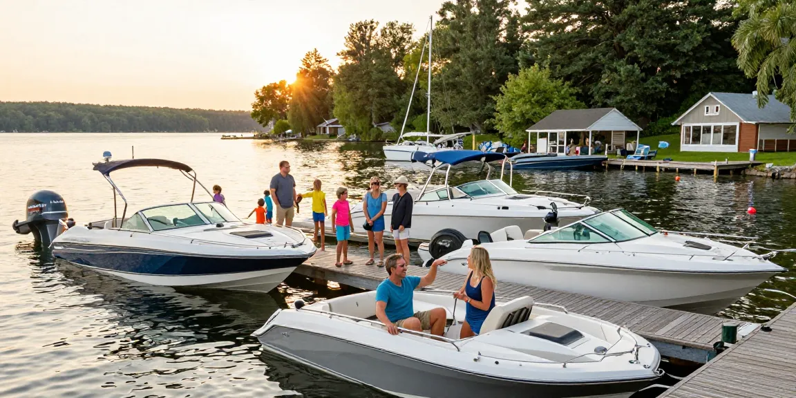 Boat dealer showcasing a vibrant lakeside marina with families enjoying boating adventures and rentals at Kawagama Lake.