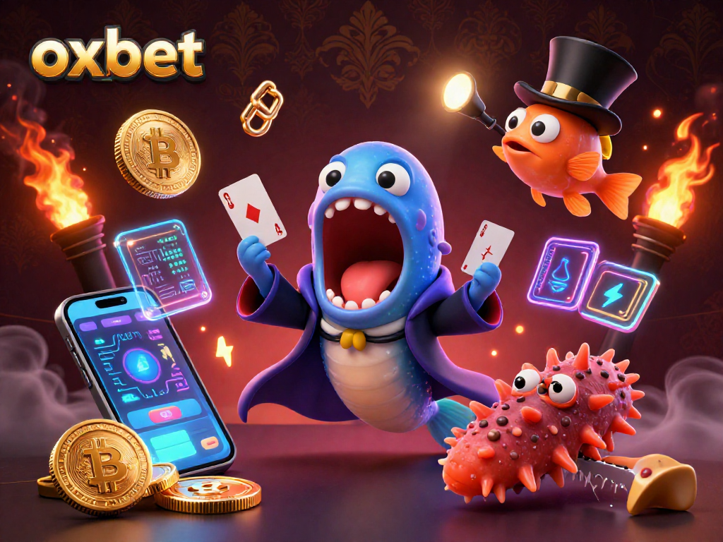 Experience the magic of oxbet with a vibrant 3D casino illustration showcasing unique characters and crypto elements.