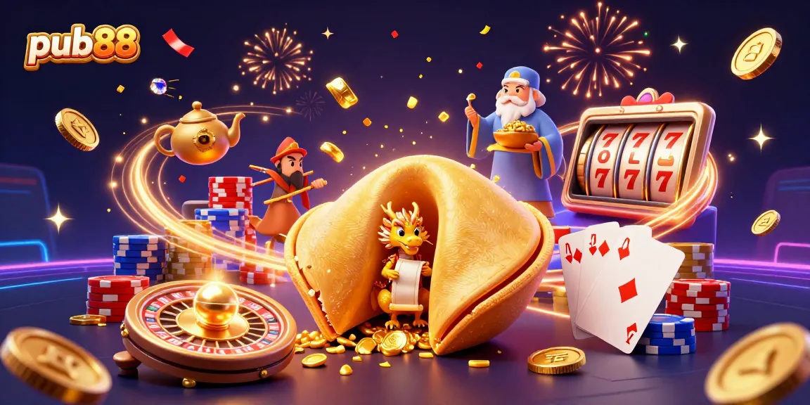 Experience the excitement of pub88 with a vibrant 3D illustration of a golden fortune cookie and dragon, surrounded by casino elements.