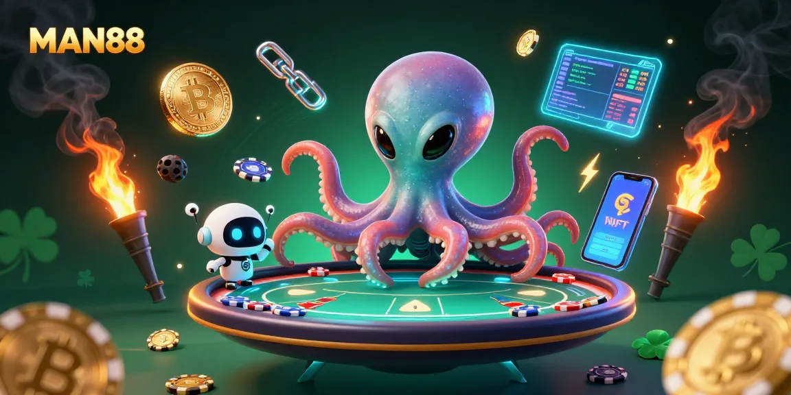 Engage in exciting poker action at MAN88 with a vibrant alien octopus and robot in a 3D casino.