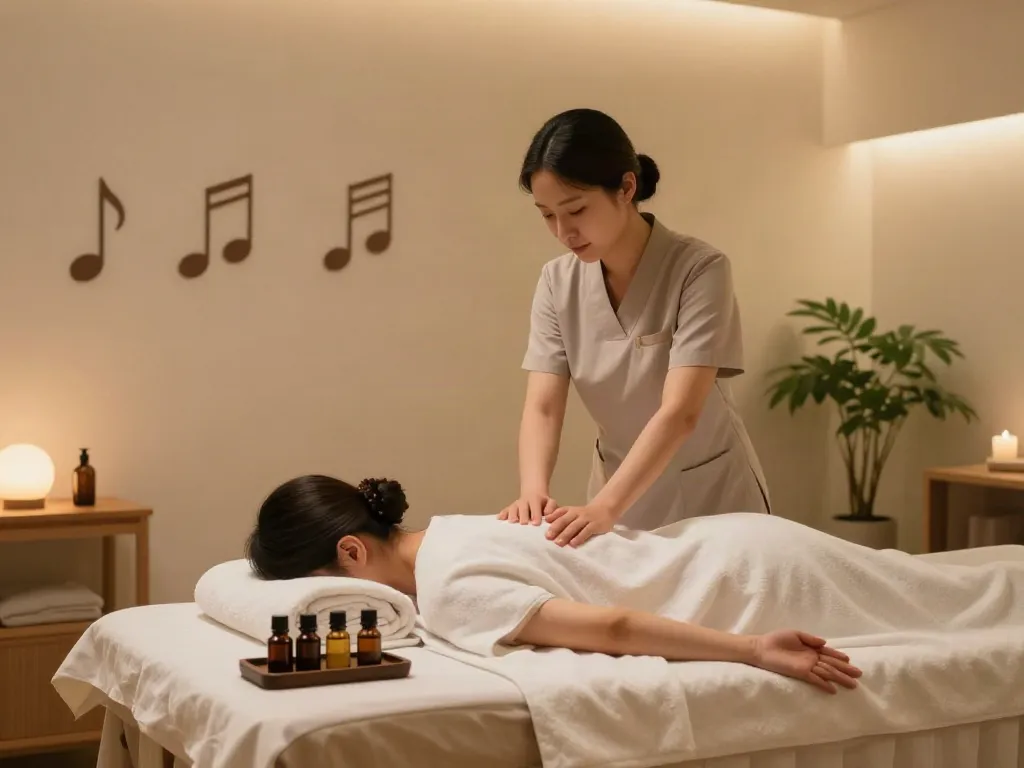 Enjoying a relaxing 동탄출장마사지 in a calming wellness environment with soothing oils and warm lights.