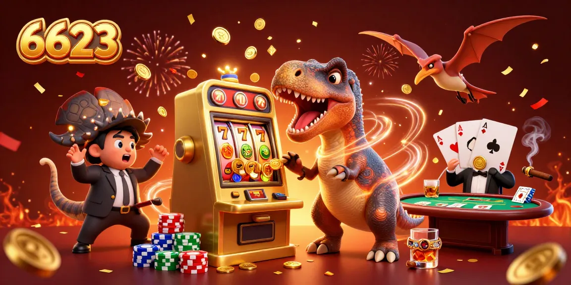Experience thrilling wins at 6623 with a colorful scene of a cartoon dinosaur celebrating jackpot coins raining down.