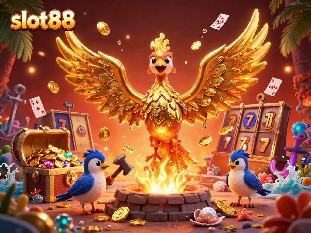 Experience the thrill of slot88 with a golden phoenix, vibrant treasures, and jackpot excitement.
