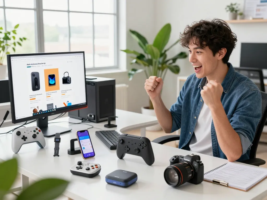 Engaged professional exploring affordable tech gadgets in a bright office setting, showcasing Bluetooth devices.