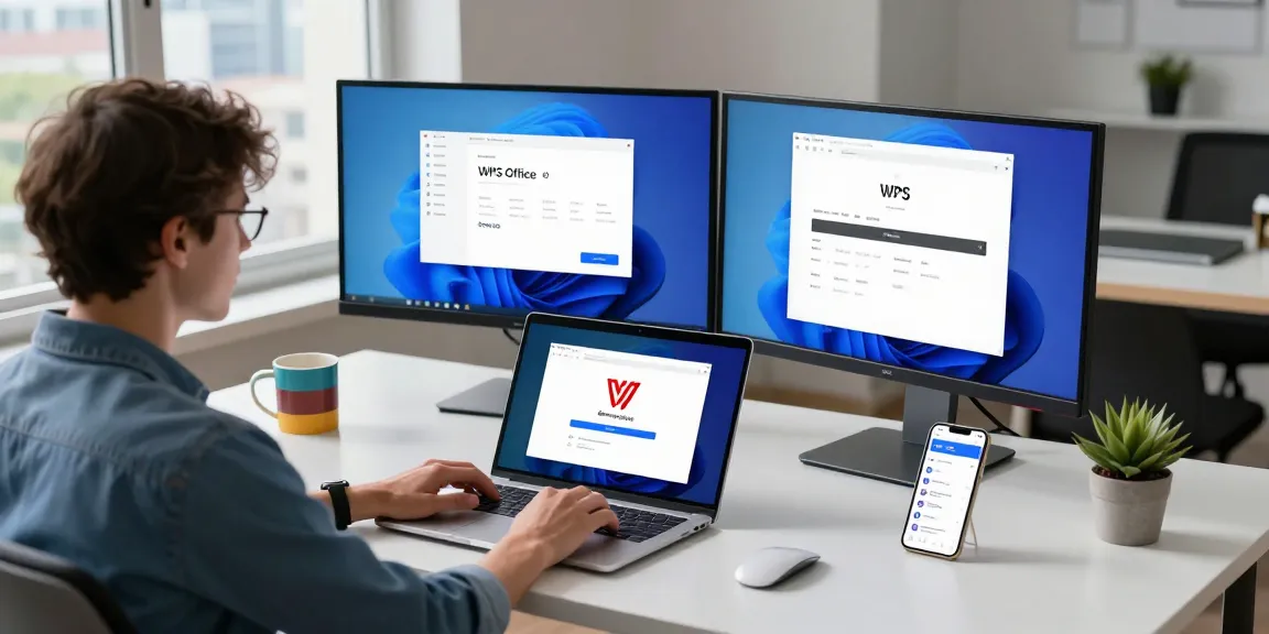 WPS Download in action on a laptop at a modern workspace showcasing app features and productivity tools.