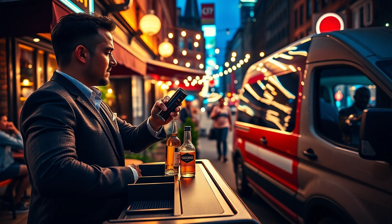 Experience fast delivery with dial a bottle Toronto, showing a bartender serving drinks in a lively bar scene.