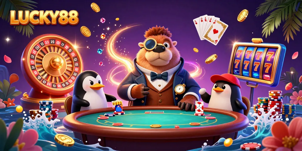 Experience the excitement of LUCKY88 with vibrant characters and dynamic casino elements in this illustration.