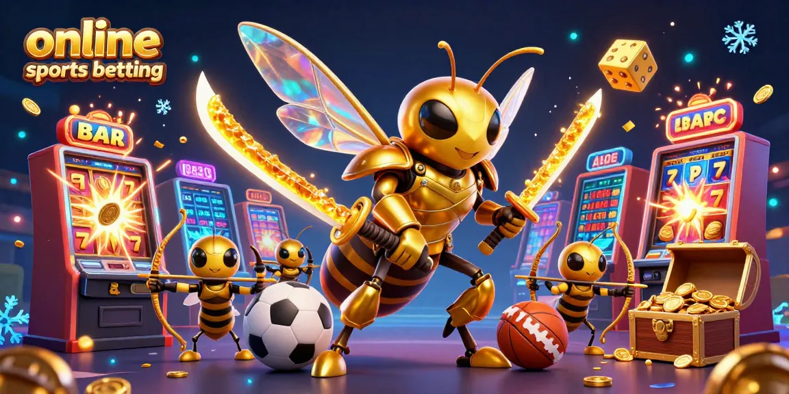 Engage in online sports betting with thrilling visuals of a golden hornet and vibrant casino elements.