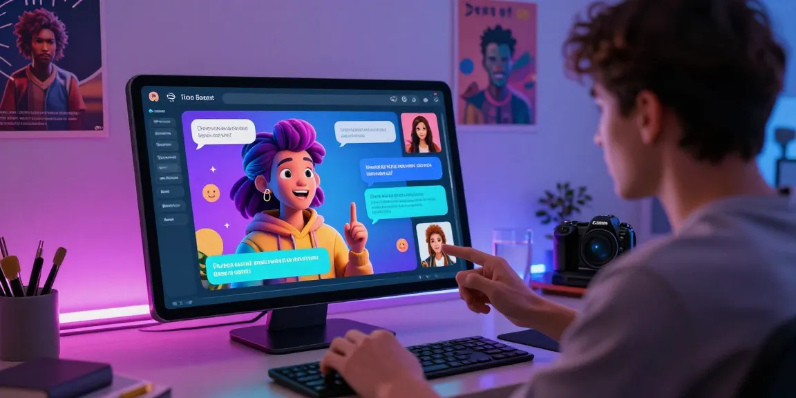 Immersive nsfw character ai interaction with digital avatars in a modern workspace.