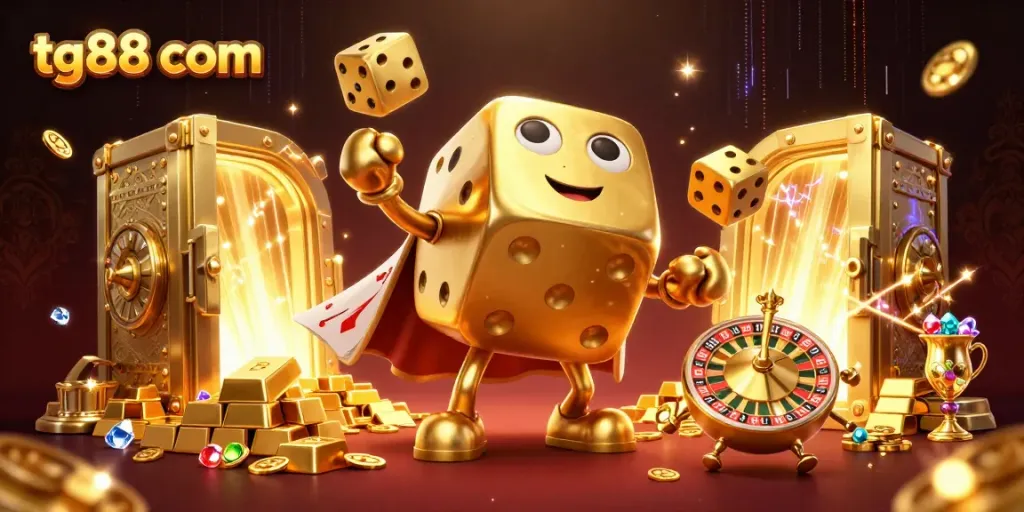 Experience excitement with tg88 com’s vibrant 3D cartoon casino scene featuring golden dice and treasures.