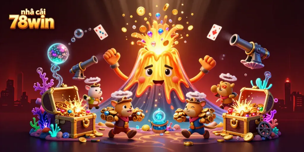 Experience thrilling excitement at nhà cái 78win, where a vibrant 3D scene reveals treasure and winning potential, perfect for gamblers.