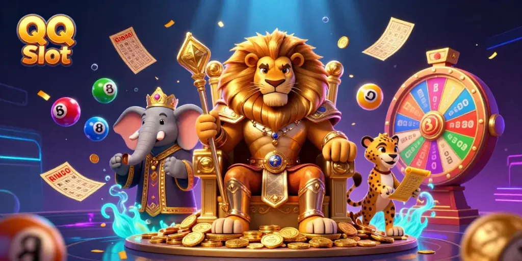Experience the excitement of QQ Slot as a lion king and his advisors celebrate wins amidst colorful casino elements.