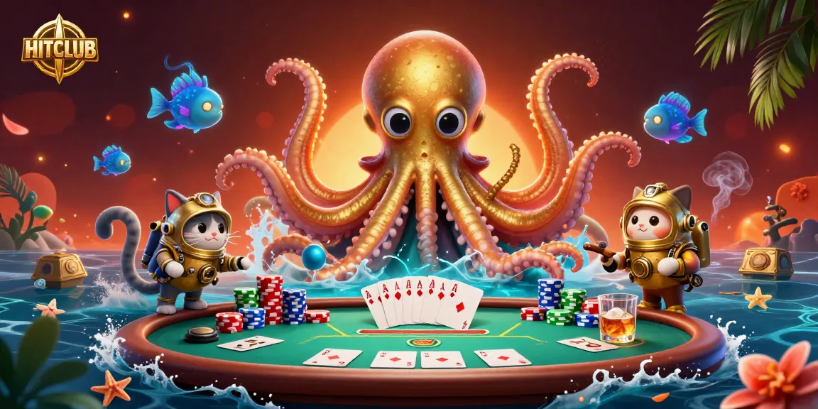 Experience HITCLUB's thrilling poker action with a kraken and a diving cat in a vibrant casino scene.