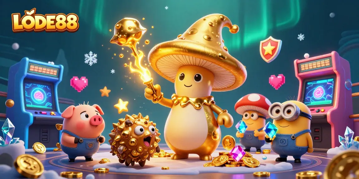 Engage with LODE88's vibrant casino magic where a golden mushroom wizard and treasure-hunting pig create winning moments.