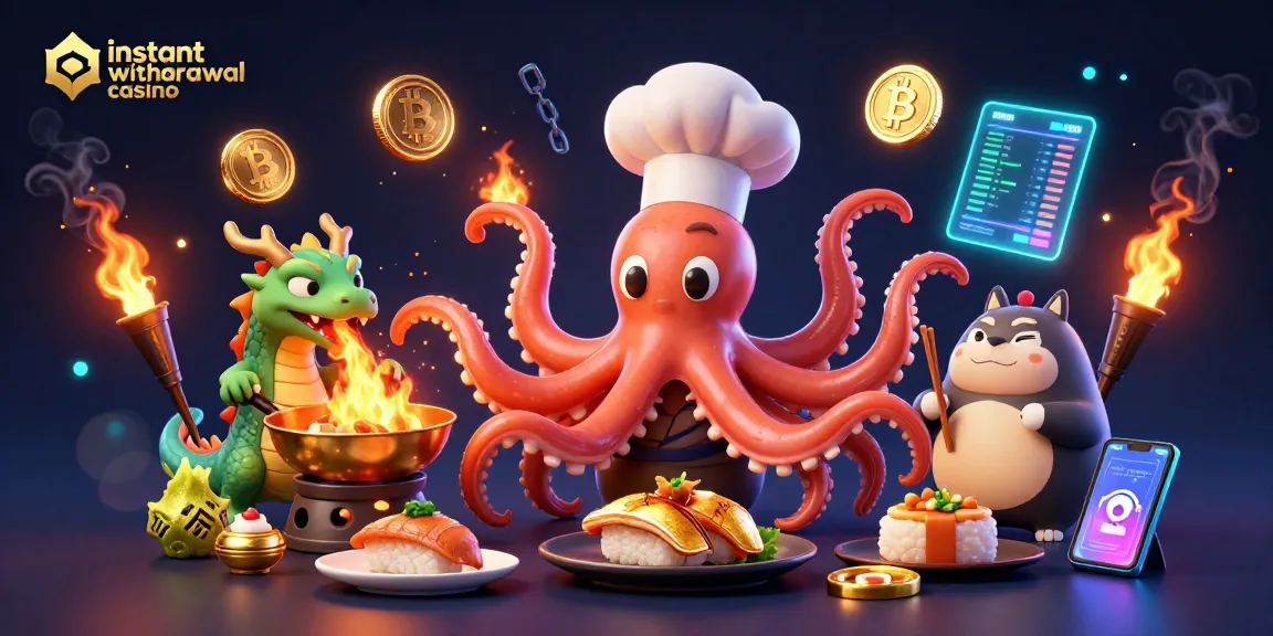 Visualize an instant withdrawal casino with lively characters and dynamic crypto elements.
