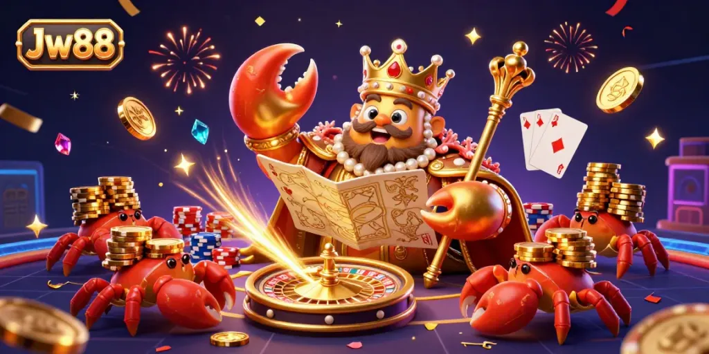 Engage with Jw88 at the vibrant casino universe, featuring a golden crab emperor and rich game elements.