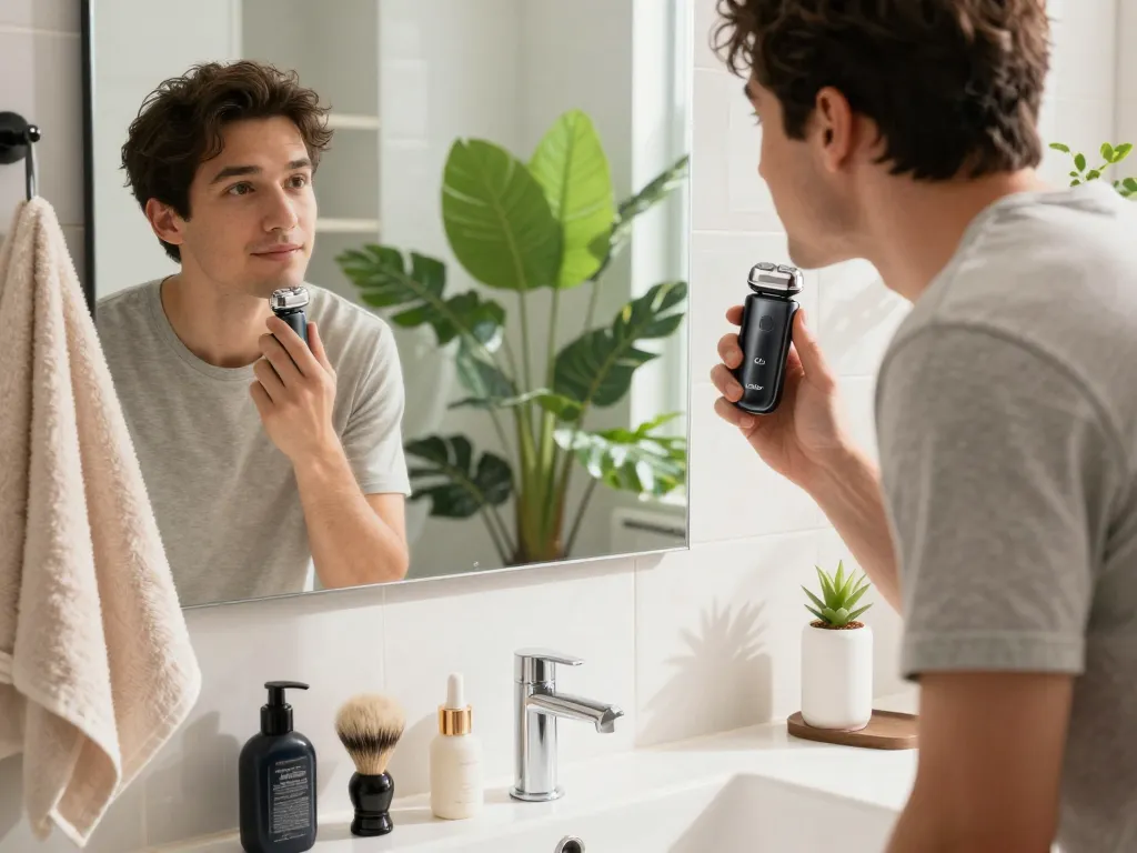 Young man using the Laifen shaver in a modern bathroom, showcasing sleek design and grooming essentials.