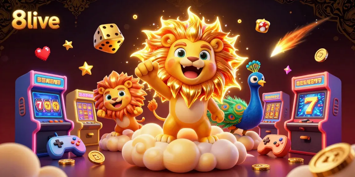 Experience the excitement of 8live with vibrant casino games, golden dice, and a roaring sun lion.
