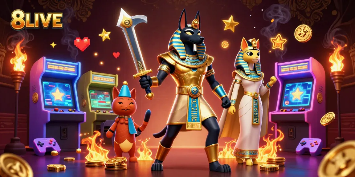 Experience thrilling gaming with 8LIVE while surrounded by mythical characters and vibrant casino elements.