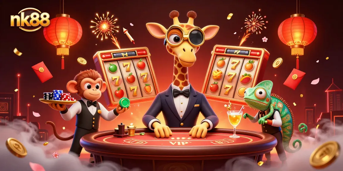 Nk88 showcases a vibrant 3D casino scene featuring a high-roller giraffe, interactive game elements, and dynamic visuals.