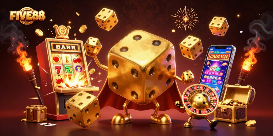 Experience the thrill of FIVE88 with a dynamic casino scene featuring golden dice and explosive jackpots.