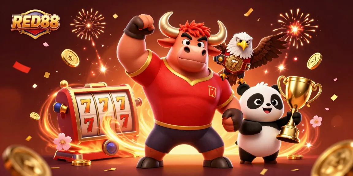 Play exciting slots at RED88, featuring a dynamic 3D illustration with lucky symbols and vibrant characters.
