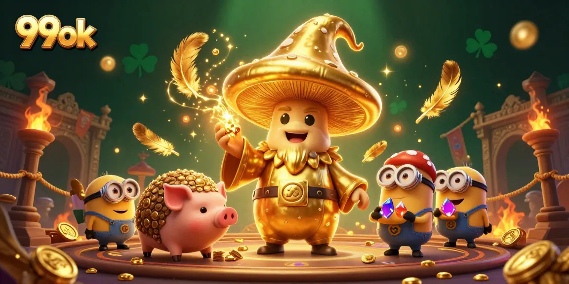 Engage in thrilling 99ok casino action with a golden mushroom wizard granting luck and treasures.