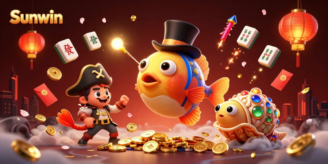 Experience Sunwin's vibrant casino world with glowing treasures and dynamic characters in a vivid 3D illustration.