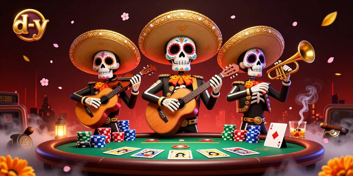 Experience exciting poker action with d-y as Day of the Dead skeleton mariachi band entertains players.