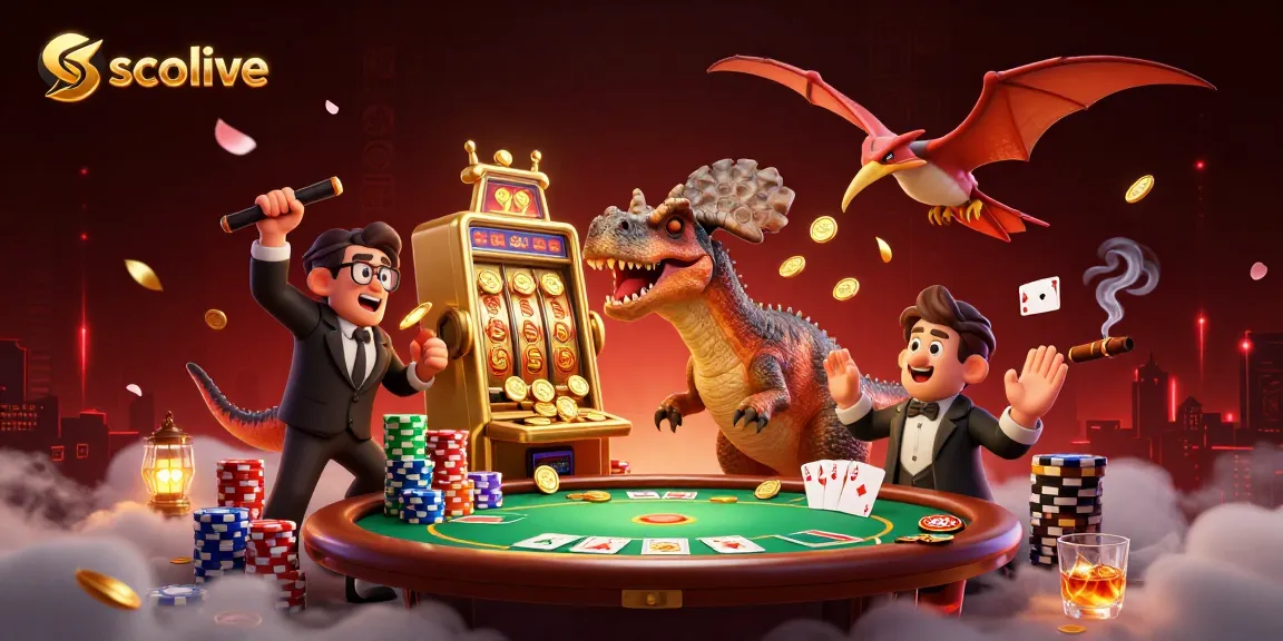 Socolive brings excitement with a dinosaur jackpot scene featuring colorful casino elements and dynamic characters.