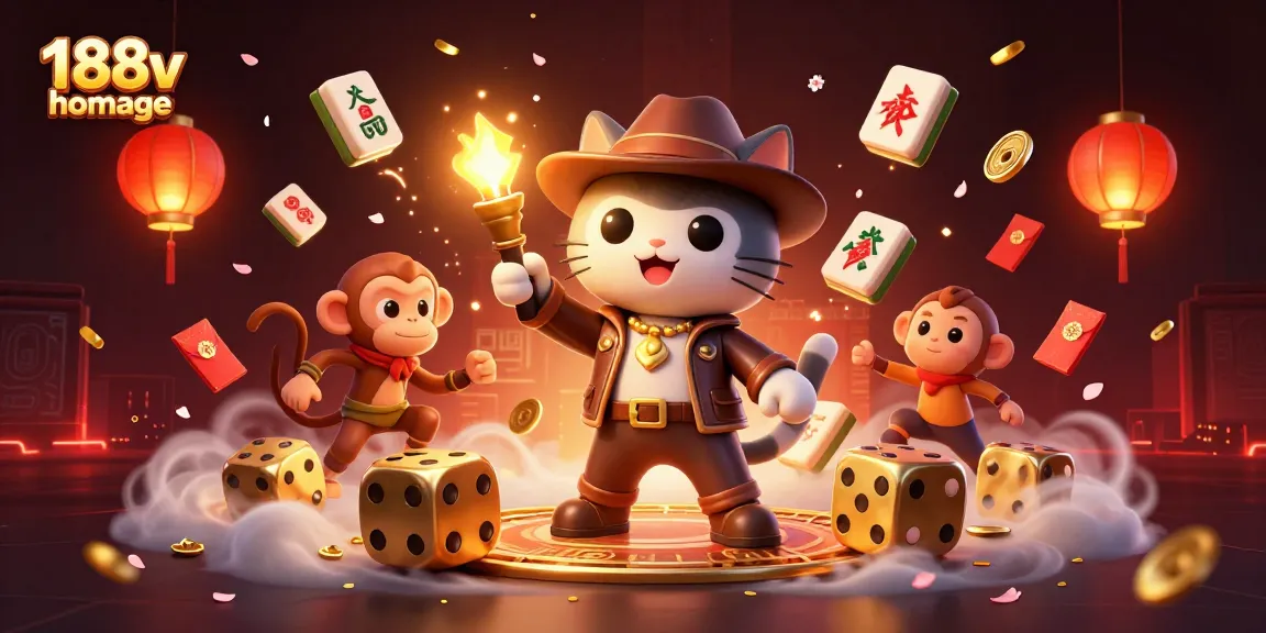 Experience the exciting adventures on the 188v homepage with an archaeologist cat discovering amazing casino artifacts through vibrant illustrations.