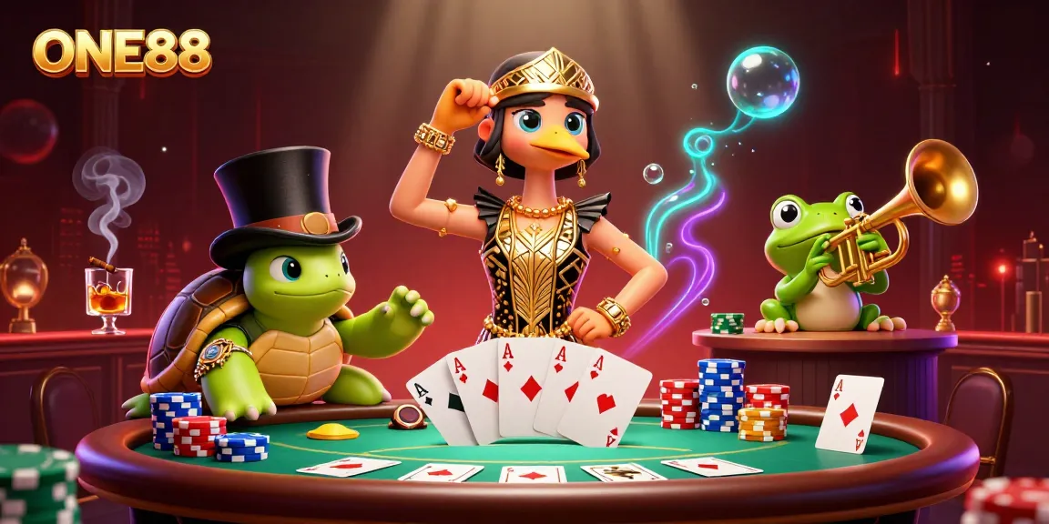 Engage with the vibrant energy of ONE88 at the speakeasy casino, featuring whimsical characters in a playful 3D illustration.