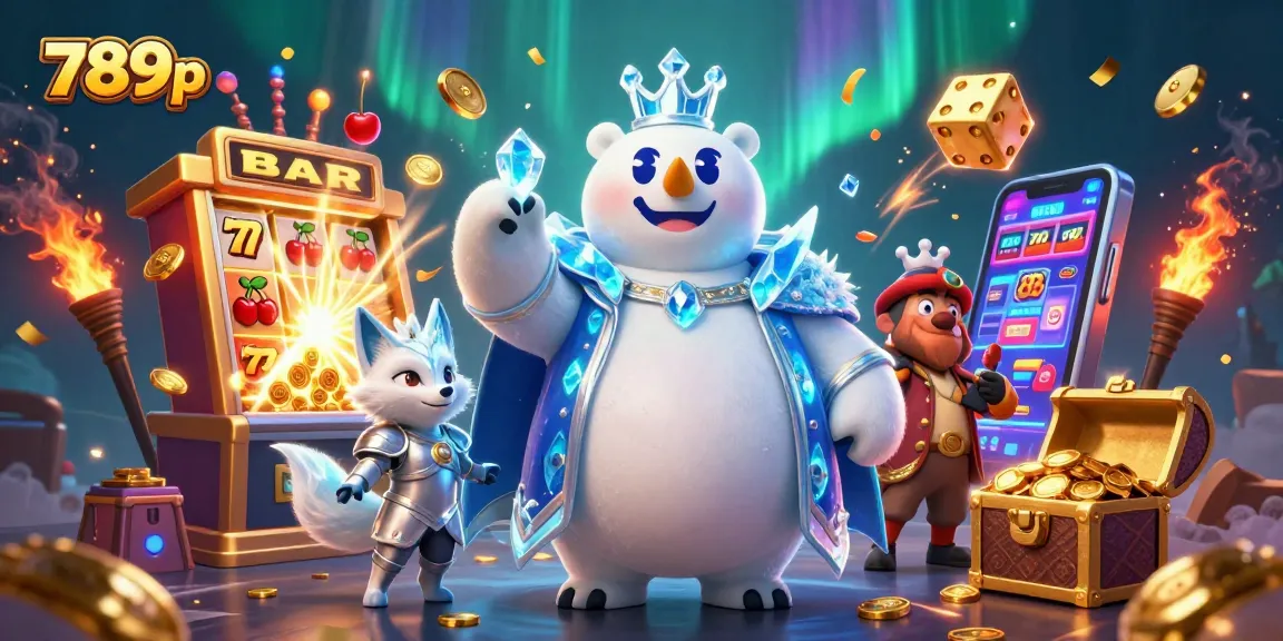 Engage in thrilling 789p gaming with a cartoon ice king and snow fox amid slot machine excitement.