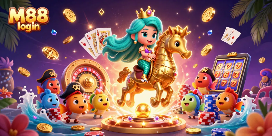 Engage with M88 login featuring vibrant characters amidst a thrilling casino scene full of gold coins and excitement.