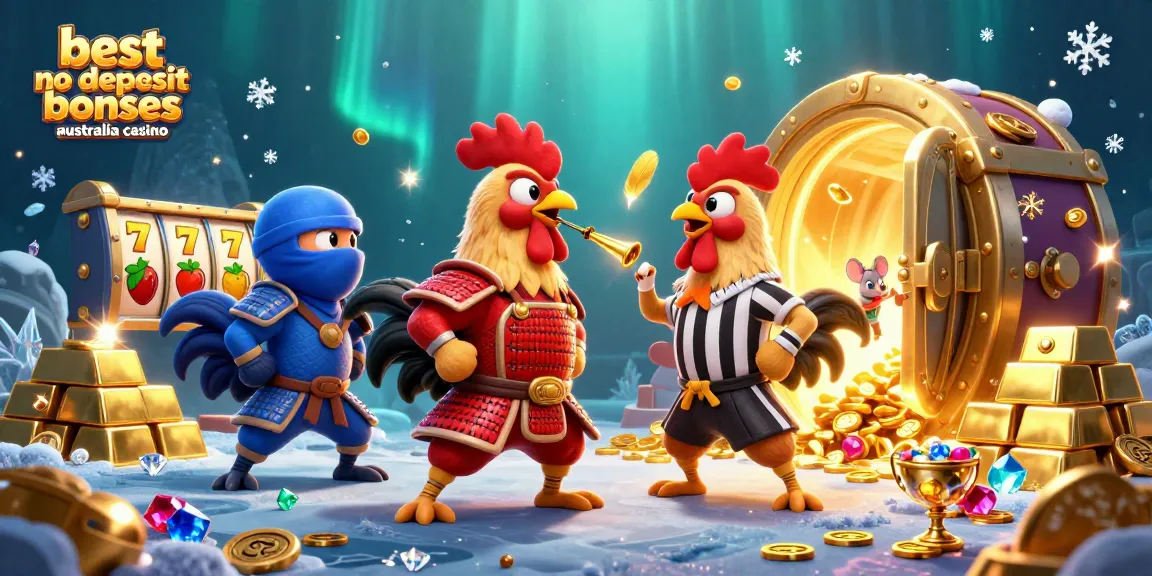 Experience the best no deposit bonuses Australia casino with engaging 3D roosters standoff illustration.