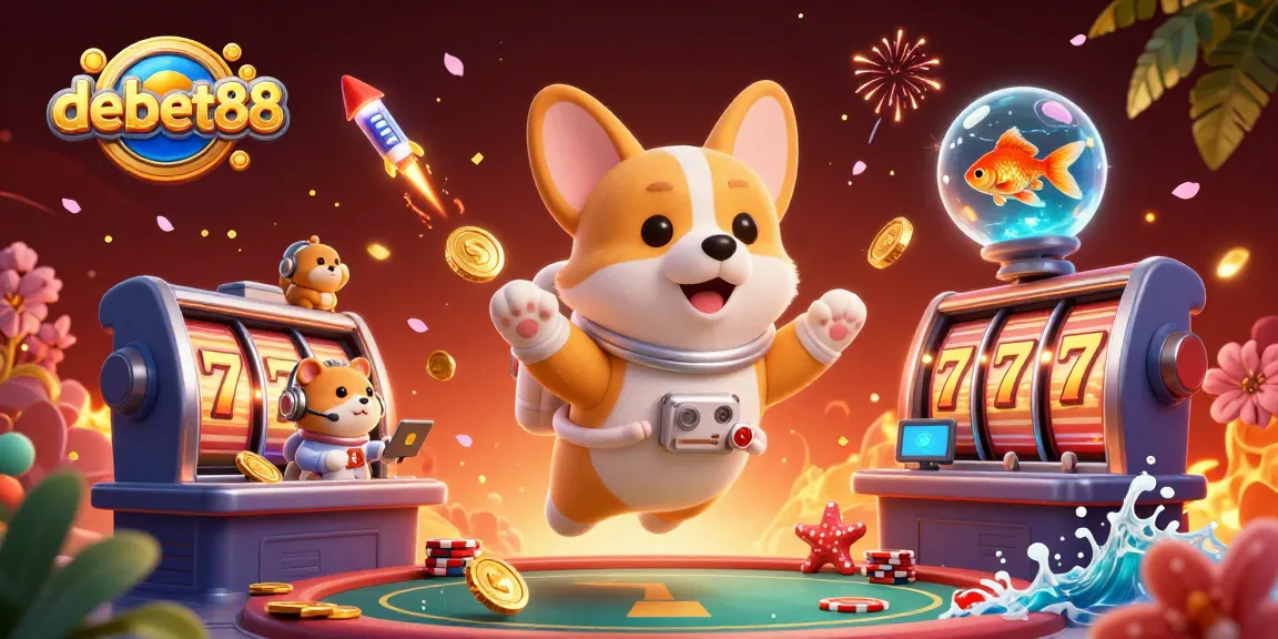 Experience the excitement of debet88 with a dynamic casino scene featuring playful characters and vibrant gaming elements.
