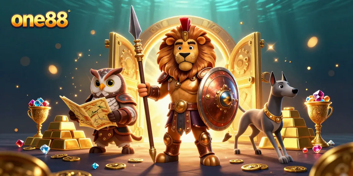 Experience thrilling gameplay with one88, featuring dynamic 3D characters amidst treasures and casino elements.