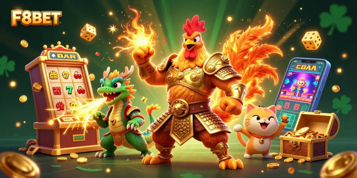 Experience the excitement of F8BET with dynamic casino characters surrounded by jackpot riches.