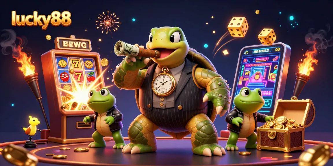 lucky88 players enjoying vibrant casino atmosphere with 3D turtle and bullfrog characters amidst jackpot excitement