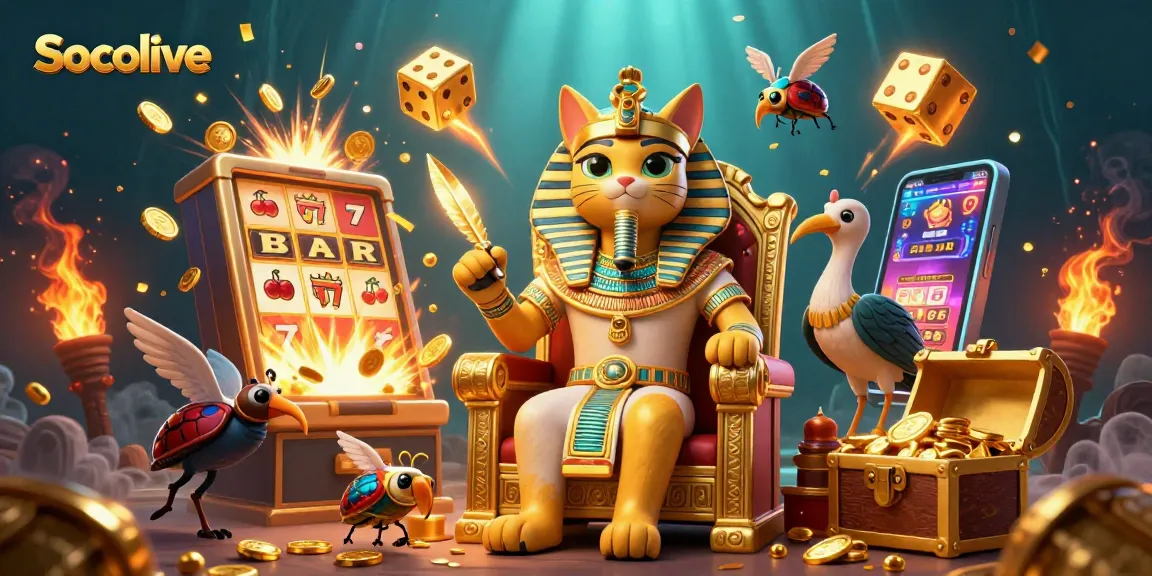 Socolive features an immersive pharaoh cat surrounded by exciting casino elements in a rich gaming scene.