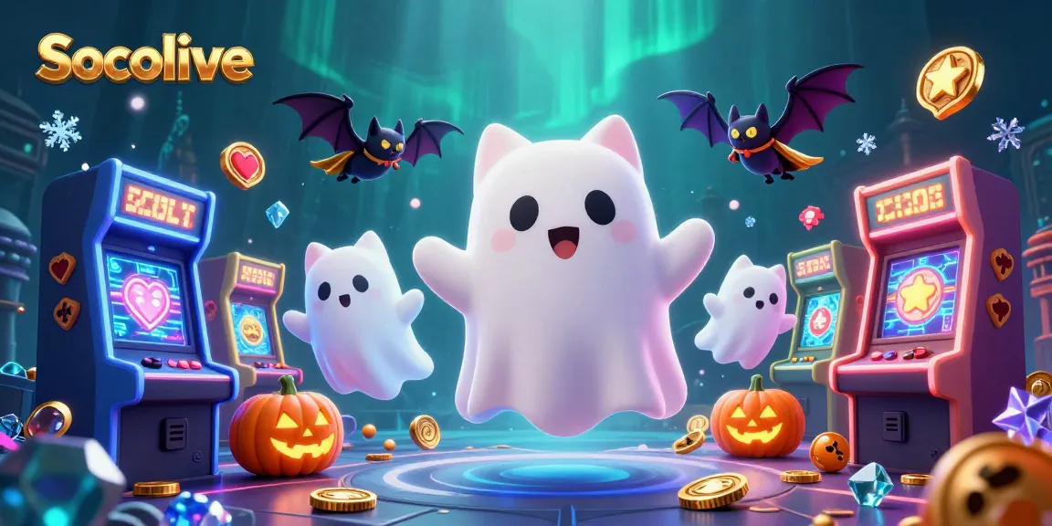 Experience the thrilling world of Socolive as the colorful ghost cat interacts in a haunted casino setting.