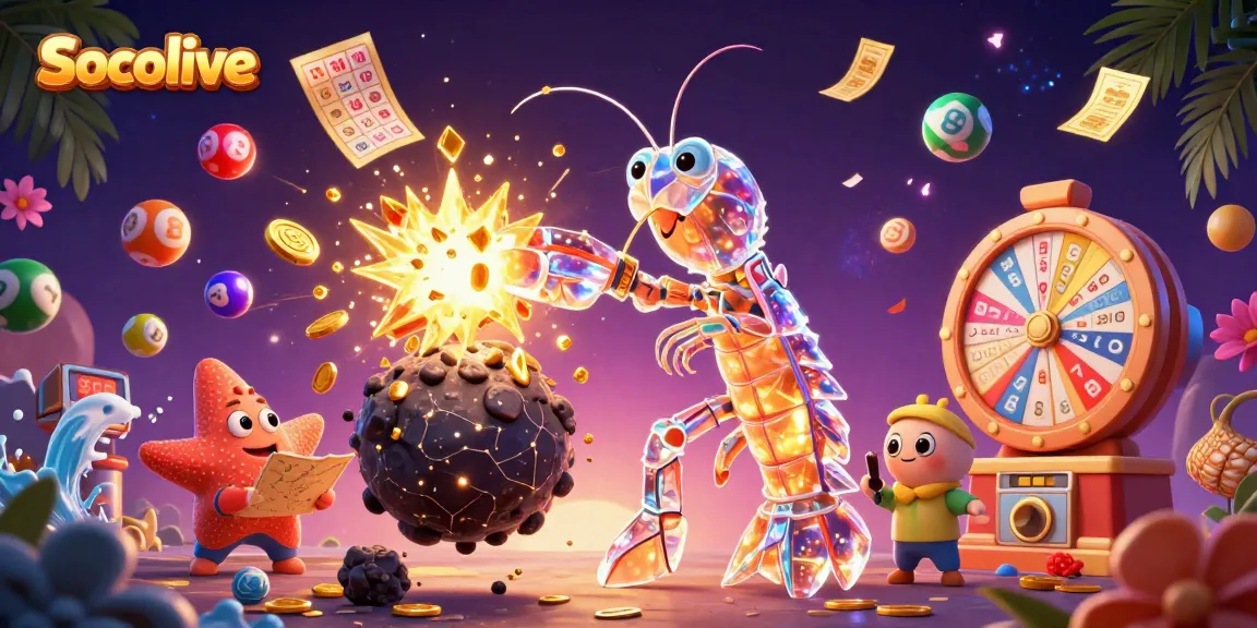 Socolive showcases a vibrant scene of a galactic samurai mantis shrimp amidst dynamic gambling elements, celebrating online betting.