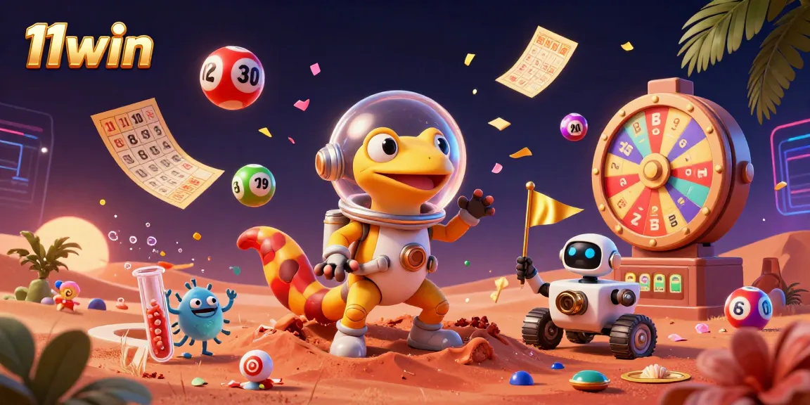 11win showcases a vibrant 3D casino scene with Martian gecko and exciting lottery elements.