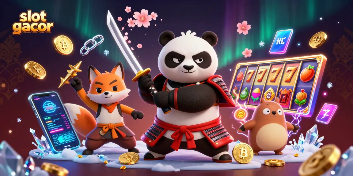 Engage in the thrilling world of slot gacor with an action-packed 3D illustration showcasing samurai panda and ninja fox.